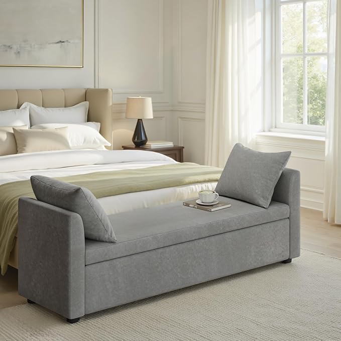 HULALA HOME 59" Storage Bench with 2 Throw Pillows & Armrests, Grey | Modern Long Bedroom Bench for End of Bed, Comfy Upholstered Fabric Footstool for Entryway Living Room