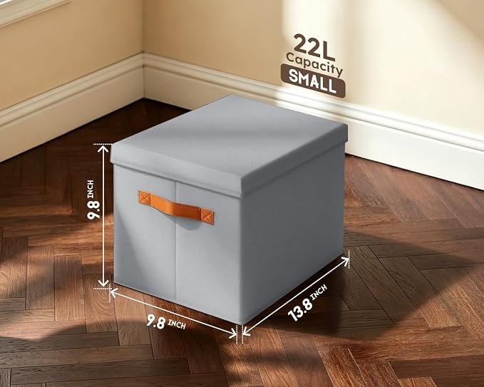 Homsorout Storage Bins with Lids - Fabric Storage Baskets for Shelves, 6 Pack Foldable Decorative Boxes with Handles, Stackable Organizer Bins for Home, Nursery, Dorm, Grey
