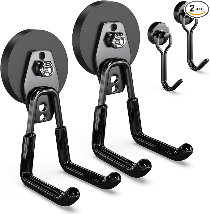 3-H Heavy Duty Magnetic Hooks, Large Magnet Hooks,2 Pack Black | No-Drill Tool Holder for Garage,Power Drill,Garden Tools,Hose Storage