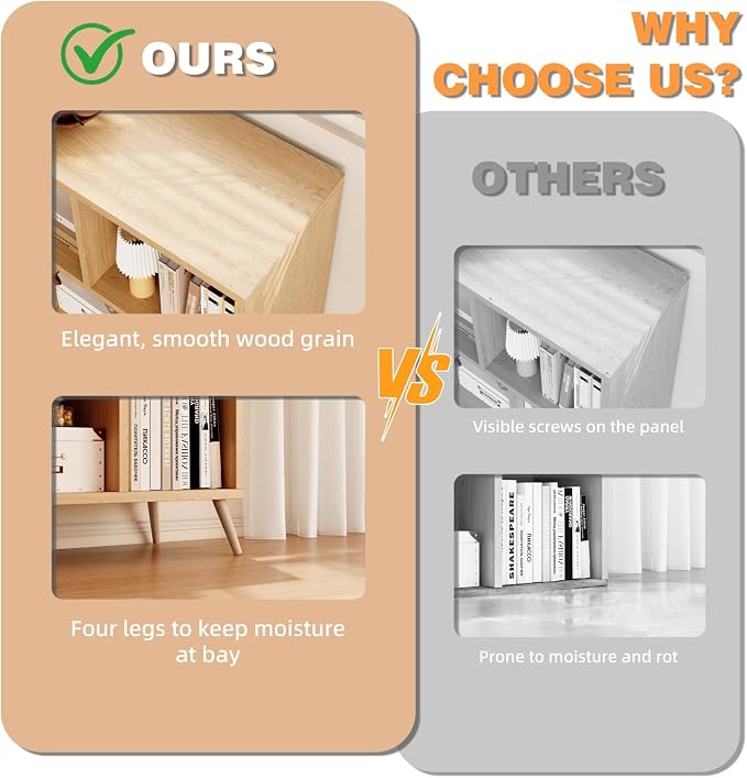 7-Cube Storage Organizer with Natural Wood Legs, Mid-Century Modern Bookcase and Display Cabinet, Freestanding Toy Storage Bookshelf for Living Room, Kids Room and Bedroom, Natural