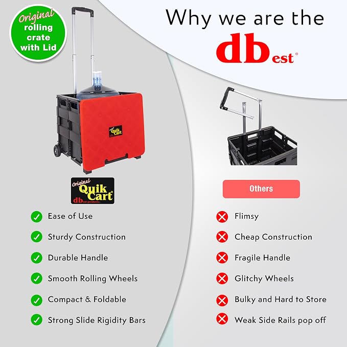 dbest products Quik Cart Collapsible Rolling Crate on Wheels for Teachers Tote Basket 80 lbs Capacity, Made from Heavy Duty Plastic and used as a Seat, Standard, Red | with Wheels, Roll Up to 80 lbs Capacity, Heavy Duty Plastic Construction, Telescopin...