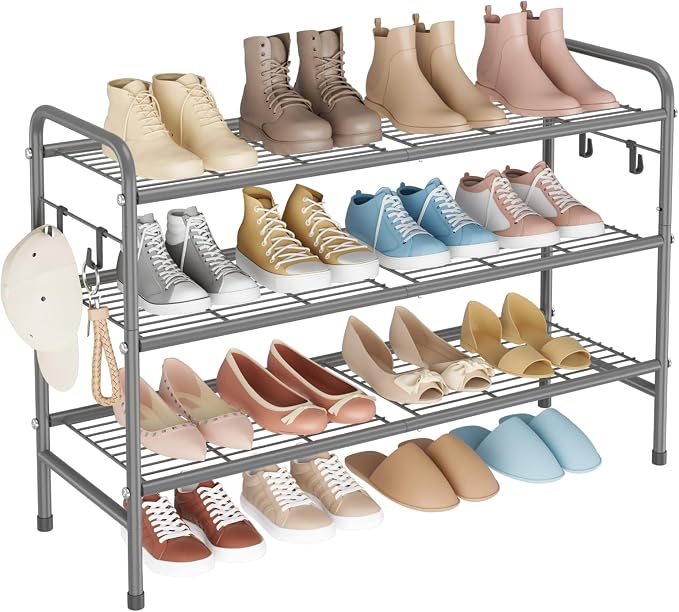 VILICK 3 Tier Shoe Rack 33" Wide Metal Shoe Organizer Long Shoe Storage with 4 Side Hooks Sturdy Shoes Shelf for Front Door Entrance, Closet, Garage, Dorm, Grey