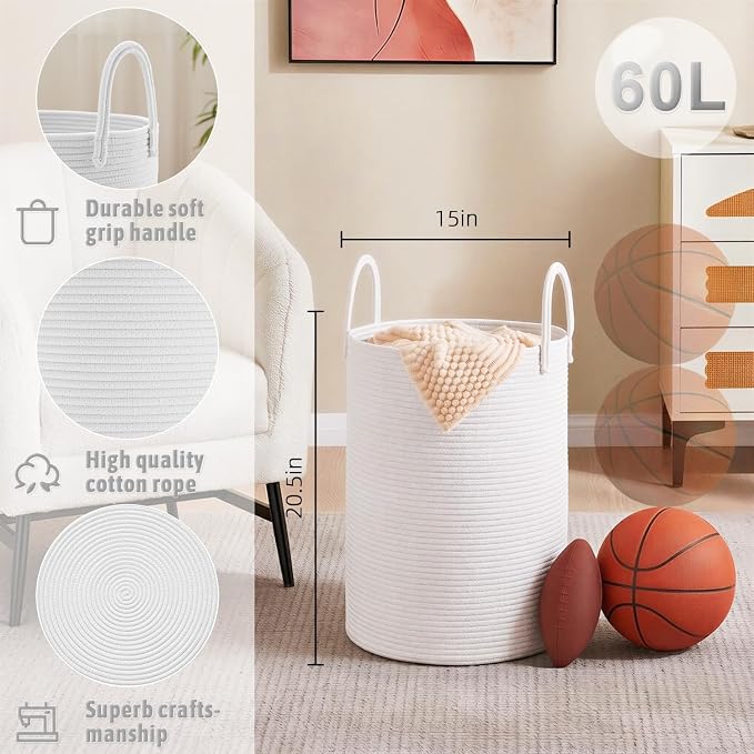 Artfeel Laundry Basket,Woven Cotton Rope Laundry Hamper,60L for Decorative Storage of Dirty Clothes,Toys and Blankets in Bathroom,Baby Room and Living Room