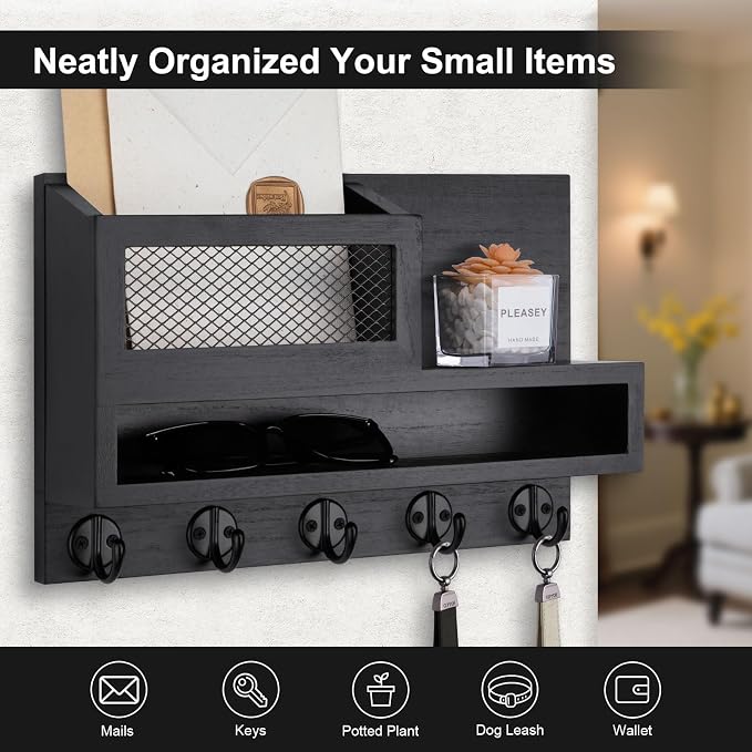 Key and Mail Holder Wall Mount, Key Hanger with Long Storage Box and 5 Hooks for Coat, Dog Leash, Home Decor Rack, House Accessories, Entry Way Organizer 11.8”W x 7.8”H x 3.2”D