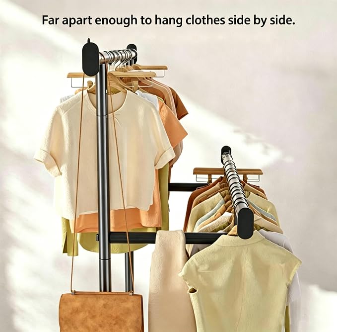 Simple Trending Clothes Rack, Double Rods Clothing Rack with Shelf, Black | Metal Garment Rack, Portable Wardrobe Closet, 360° Lockable Wheels, Multifunctional Use, Bedroom, Laundry Room