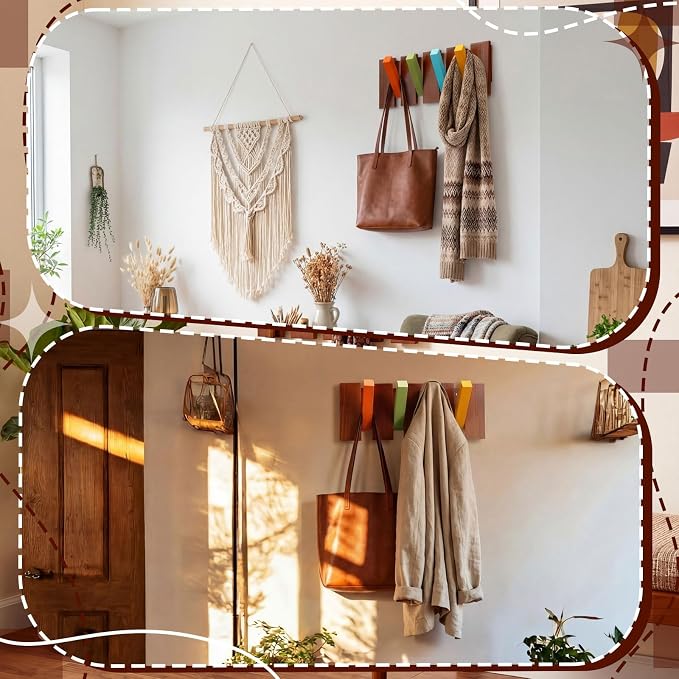 Youyole 2 Pcs 4 Hook Wooden Coat Hooks Wall Mounted Mid Century Modern Folding Coat Rack Hanger Heavy Duty Flip Down Piano Hat Rack for Hanging Coats Keys Hats Robe Towels Home