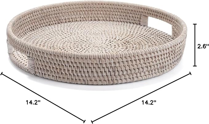 13.8 inch Round Rattan Tray, Decorative Coffee Table Tray, Ottoman Tray, Woven Serving Tray with Handles, Wicker Serving Basket, Whitewash