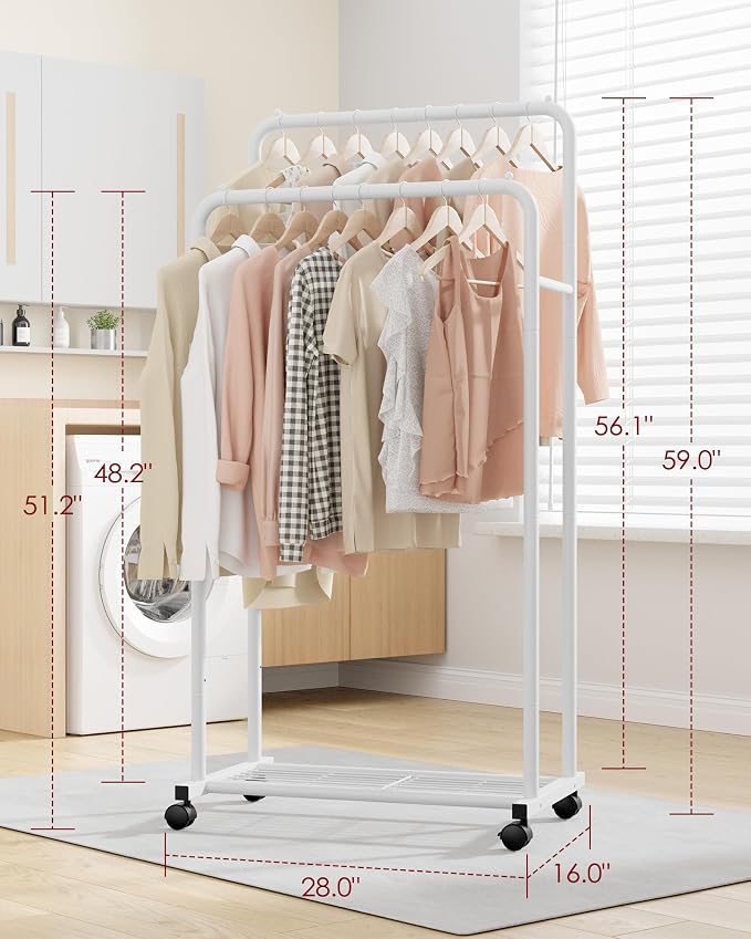 Sakugi Clothes Rack - Clothing Rack with Storage Mesh Shelf & Casters, Heavy-Duty Metal Clothing Rack for Hanging Clothes, Dresses, Coats, Large Load Capacity, Easy Assembly, White, 28.0"x16.0"x59.0"