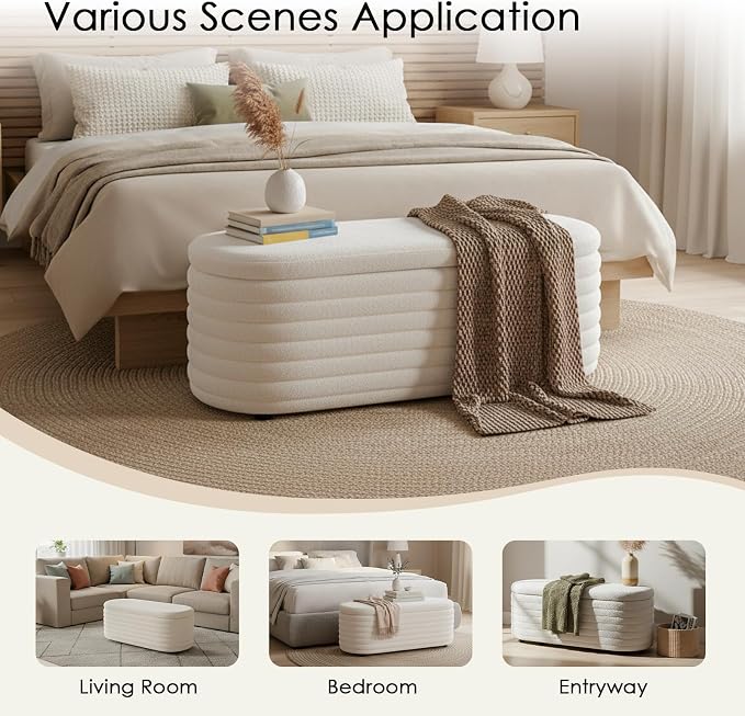45.5" Storage Teddy Ottoman Bench Upholstered Fabric Bench Hidden Storage Chest with Slow-Close Safety Hinge for Bedroom, Living Room, Entryway, White