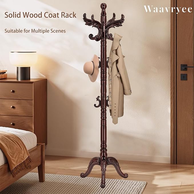 Wood Coat Rack Stand Vintage Coat Rack Freestanding with 14 Hooks | Solid Wood Coat Rack with Triangl Base,Wooden Coat Hanger Stand,Classic Coat Clothes Tree Stand for Office