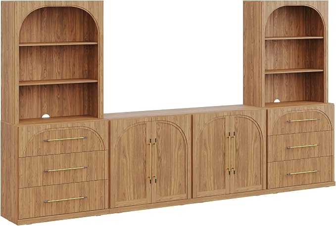 BELLEZE 6-Piece Modular TV Stand Set - 2 Sideboards with Drawers, 2 Double-Arc Wood Door Sideboards, and 2 Hutch Cabinets, Classic Modern Media Console with Adjustable Shelves for Living Room (Camel)