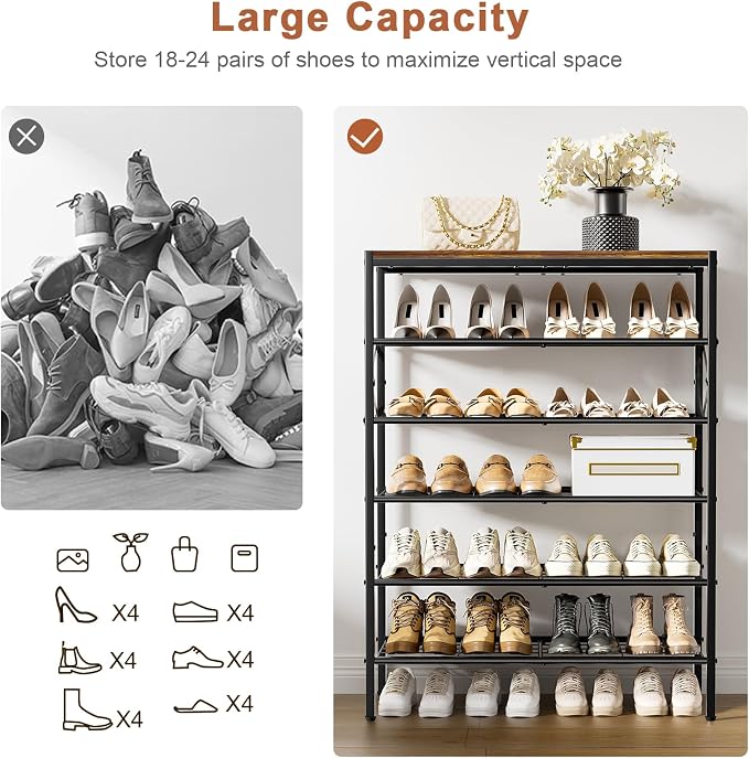 6 Tier Metal Shoe Rack with Wood Top, 18-24 Pairs Rustic Brown | Compact 38.6in tall fits entryway. Iron sheet for heels. Removable layer for tall boots. Multi-use display top.