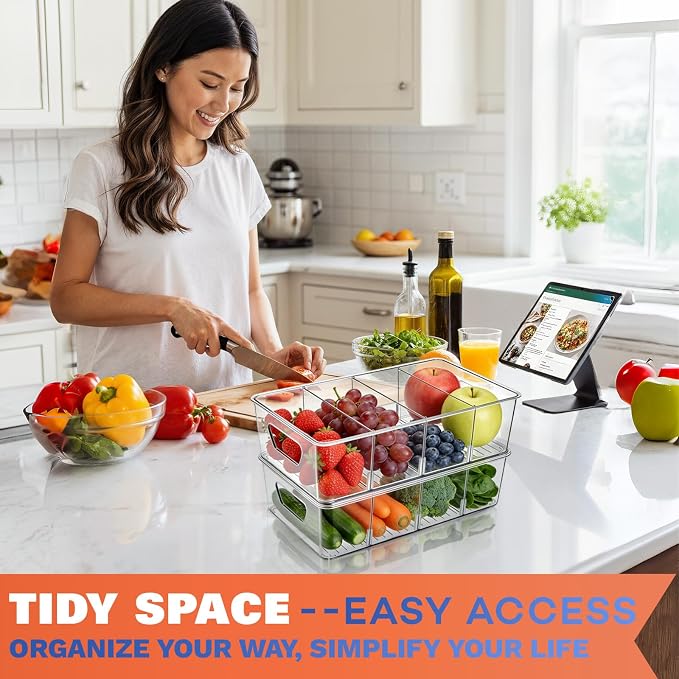 Stackable 4-Compartment Pantry Organizers and Storage, Clear Plastic Storage Bins with Removable Dividers Suitable for Pantry, Office, Kitchen, Cabinet & Fridge Organization, 2-Pack