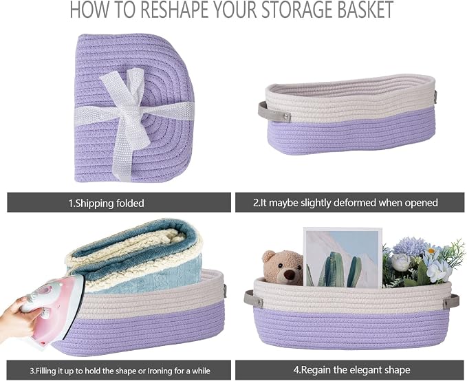 2 Pack Small Cotton Rope Woven Basket Toilet Paper Baskets for Organizing Decorative Baskets for Boho Decor Small Storage Basket 13"x5.9"x4" Purple