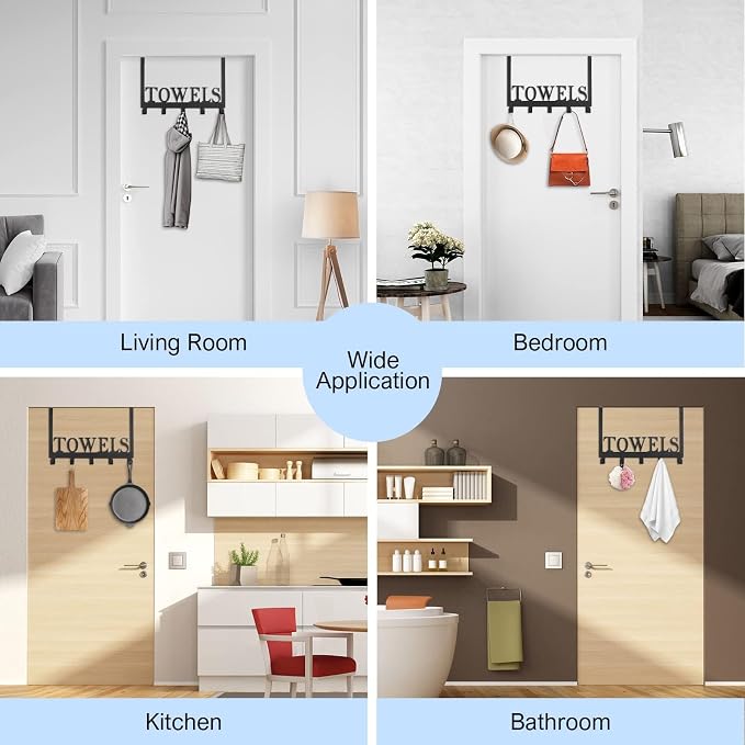 Azmoncy Over The Door Hooks, Towel Rack for Bathroom Towel Holder for Hanging Heavy Duty,Towel Hanger with 5 Hooks for Bedroom Bathroom Kitchen, Black