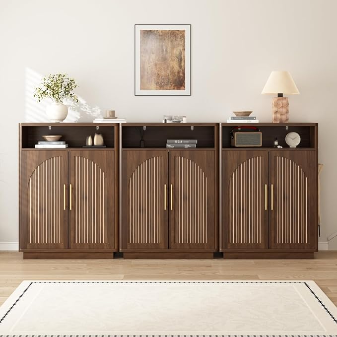 Fluted Shoe Storage Cabinet with 2 Arch Doors, 43" Tall Wood Cabinet | 6-Tier Large Shoe Rack w/Adjustable Shelves, Mid Century Modern Hidden Shoes Organizer for Hallway, Entryway, Fits Size 13