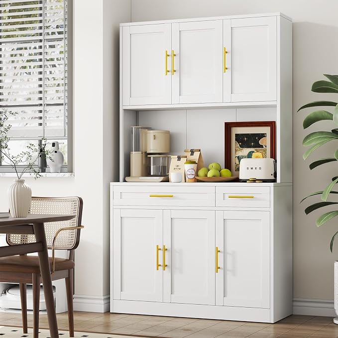 71" Metal Large Pantry Storage Cabinet with Adjustable Shelves,Kitchen Pantry Storage with Drawers,Tall Kitchen Hutch with Countertop for Kitchen,Dining Room and Living Room,White