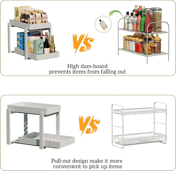 APRTAT 2 Pack Bamboo Under Sink Organizer, 2-Tier Pull Out Storage Drawers | Smooth pull-out drawers keep cleaners and tall bottles visible, organized and easy to reach in kitchen or bathroom cabinets
