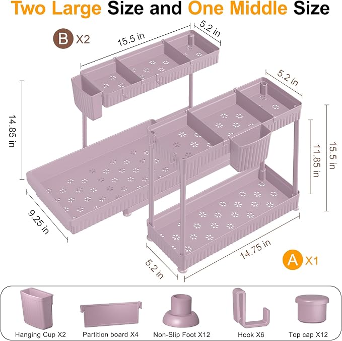 Sevenblue 3-Pack 2-Tier L-Shaped Under Sink Organizers with Sliding Drawers | Multi-use kitchen & bathroom storage, 14.85 inch pink cabinet organizer, space-saving sliding drawer design.