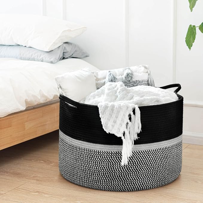 CHICVITA Extra Large Woven Rope Blanket Basket with Handles, Black | Laundry basket for towels, clothes, toys, pillows. For living room, family room, 22x22x14 inches