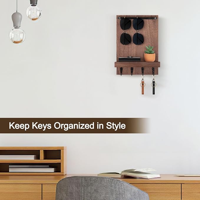 Key Holder Wall Mount, Key Holder for Wall with 4 Hooks, Farmhouse Key Hanger Holds Dog Leash, Sunglasses, Decorative Mail Organizer Home Decor (Brown)