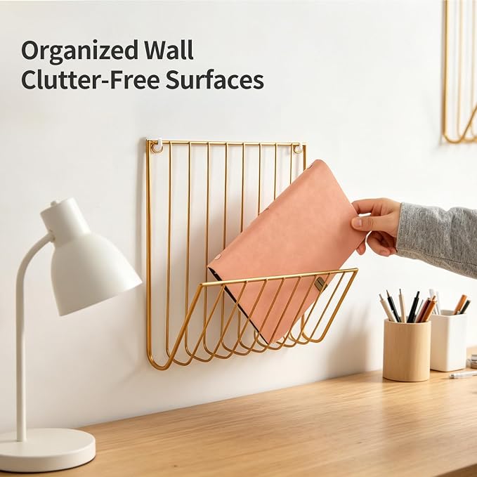 2 Pack Minimalist U-Shaped Wall Magazine Holder, Metal Wall Mounted File Organizer, No Drill Hanging Paper Mail Folder Rack for Home Office Document Magazine Storage