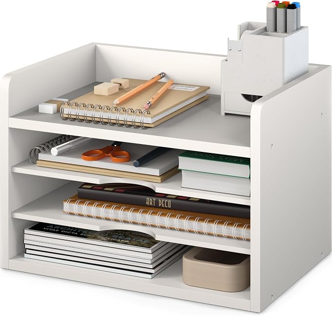 Ballucci File Organizer, 4-Tier Office Desk Organizer, Open Top Wood Paper Organizer for Classroom, Desktop Mail Sorter Paper Tray, White