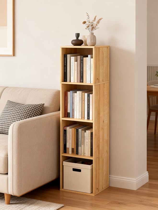 4 Cube Storage Organizer, 4 Tier Cube Low Bookcase Freestanding Storage Display Organizer, Four-Cubes Open Shelf Bookshelf for Home Office (Oak, 4-Cube)