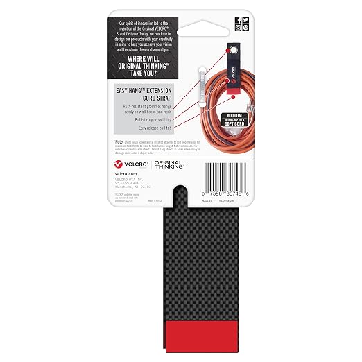 VELCRO Brand EASY HANG Extension Cord Organizer – Declutter Fast, Hang Smarter – Valentines Day Gift for Him – Heavy Duty 75 lb Hold, 2 Pack, Medium 14 in, Black Straps Fit 25–50 ft cords