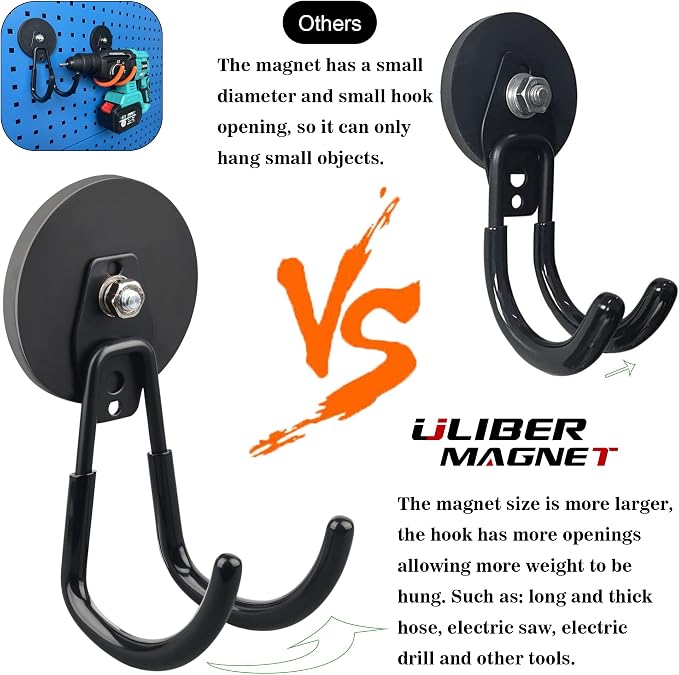 ULIBERMAGNET Strong Magnetic Hooks,2 Pack Heavy Duty Large Magnetic Hooks for Extension Cord, Cable, Hose, Power Cord,Rope,Drill,Jig Saw,Circular Saw,Garden Lawn Tools (Black/3.46inch)