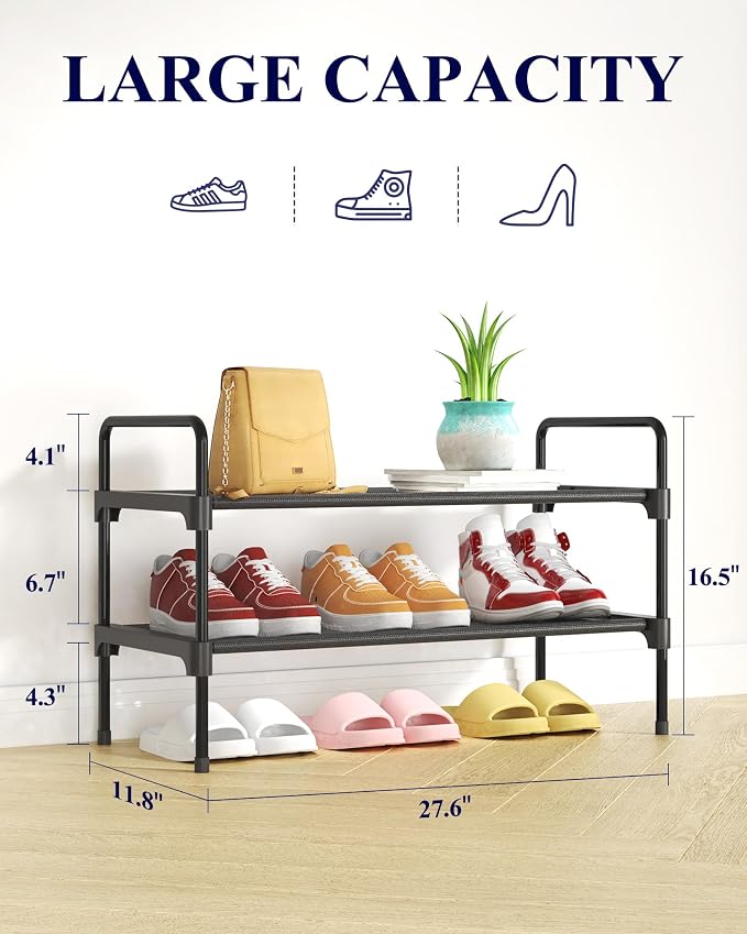 Kitsure Shoe Rack for Closet, Shoe Storage, 27.6" Wide - 2 Tiers, Black | Shoe Organizer for Closet, Entryway, Living Room, Space-Saving Shoe Shelf, Sturdy Zapateras Organizer