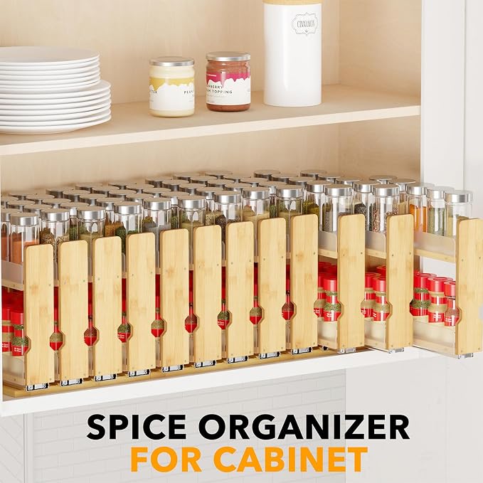 SpaceAid Bamboo Pull Out Spice Rack Organizer for Cabinet, Heavy Duty Slide Out Seasoning Kitchen Pantry Sliding Vertical Organization, 10.1" Wide, 4 Drawers(2" Wide), 2-Tier, Natural