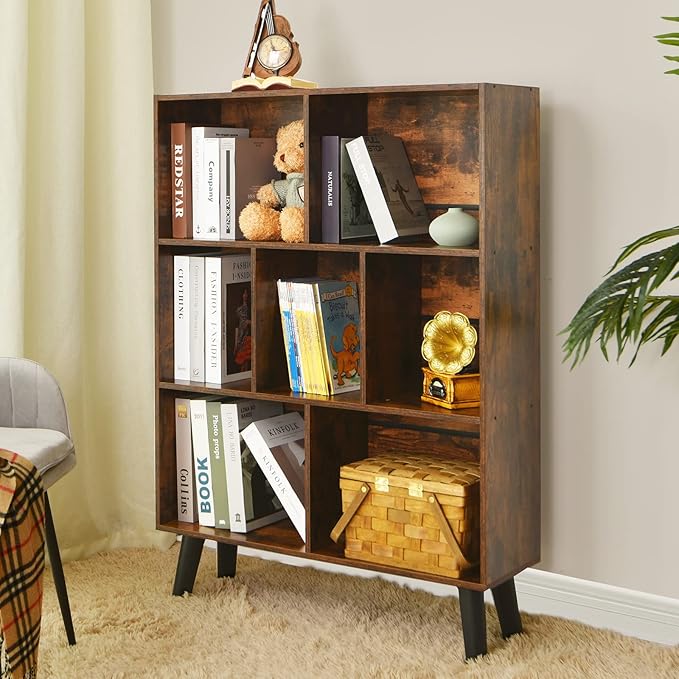 LEYAOYAO Cube Bookshelf, Mid-Century Modern Book Shelf with Legs, Brown | 3 Tier Bookcase, Rustic Wood Bookshelves, Freestanding Small Storage Organizer, Open Shelves for Bedroom, Living Room, Office