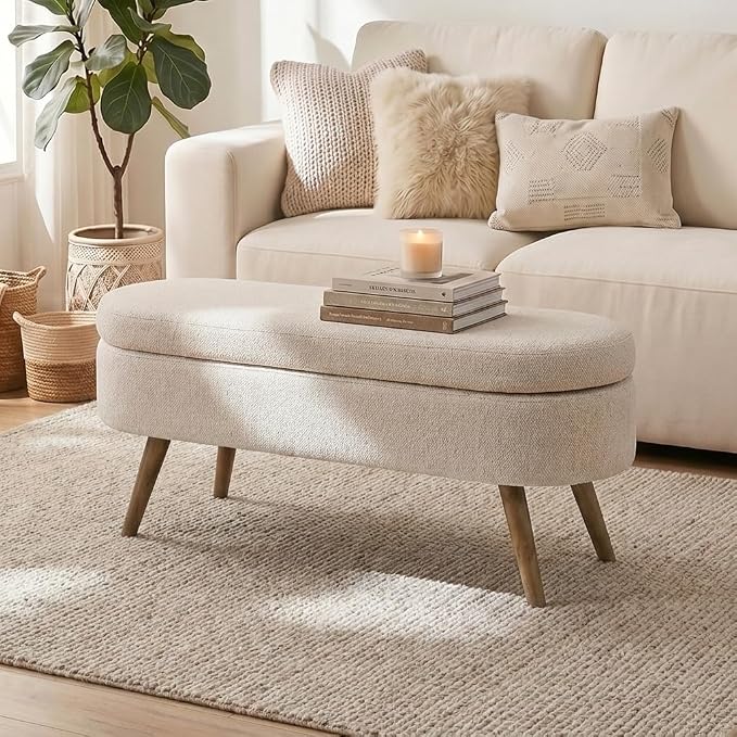 43.5” Storage Ottoman Bench,Upholstered Oval End of Bed Bench for Bedroom | Modern Linen Ottoman with Storage, Entryway Foot Rest with Wooden Legs, Lift-Top Lid with Safety Hinge, Living Room, Beige