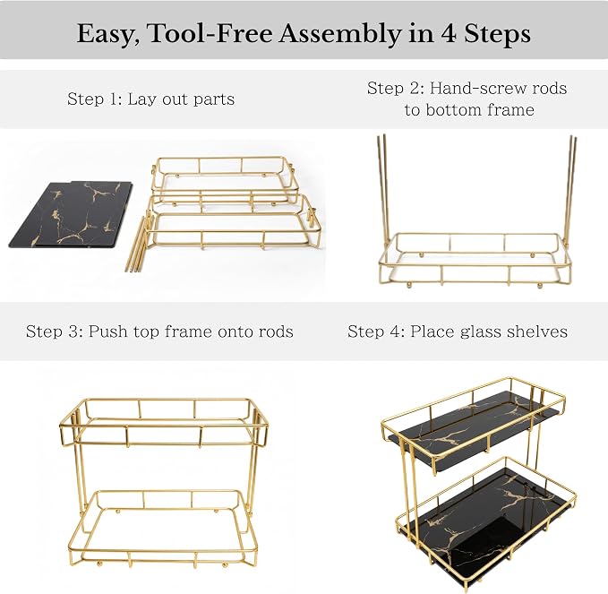 2-Tier White Marble Bathroom Countertop Organizer – Glass Shelves & Gold Metal Frame, Elegant Vanity Storage Shelf for Perfume, Skincare, Makeup & Toiletries