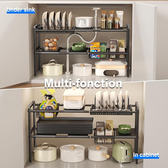 Mustorn Pots and Pans Organizer Under Cabinet, Expandable 2 Tier Under Sink Organizers Storage Adjustable Height Kitchen Pot and Pan Lid Holder Rack with 6 Dividers(4panels,2baskets,1 Pot rack,Black)