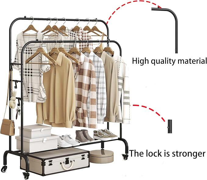 SUOERNUO Clothes Rack with Lockable Wheels Double Rods Metal Garment Racks | Portable Heavy-Duty Clothing Rack with Bottom, Rolling Clothes Shelves for Bedroom Laundry Living Room, Black