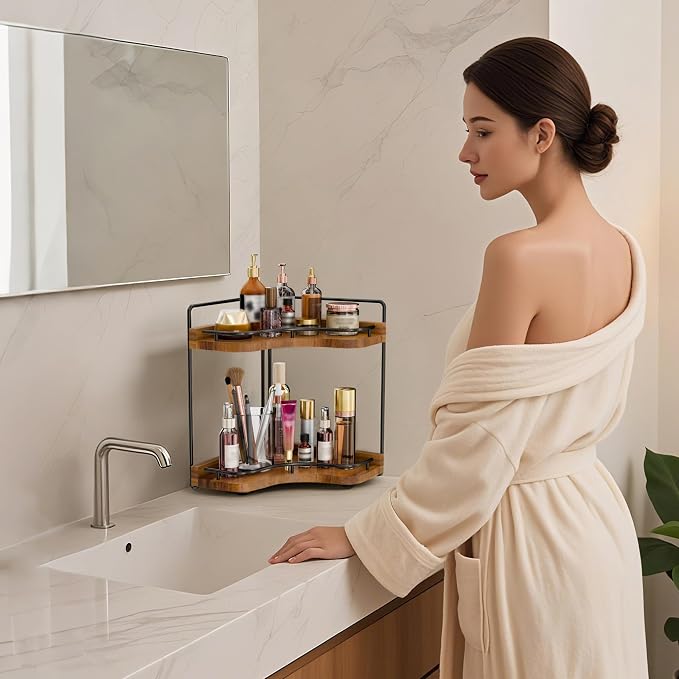 2-Tier Corner Bathroom Counter Organizer, Larger Size | Embedded Screw Holes, Sturdy & Stable, Oversized, Holds More, Vanity Shelf for Makeup & Skincare