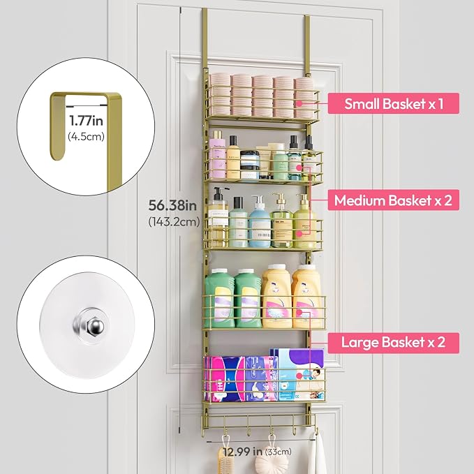 SWTYMIKI Over The Door Organizer - Door Organizer Hanging with 5 Adjustable Metal Large Capacity Basket and 6 Coat Hook, Wall Mounted Shelf for Bedroom Closet Bathroom Laundry Pantry Cabinet Kitchen