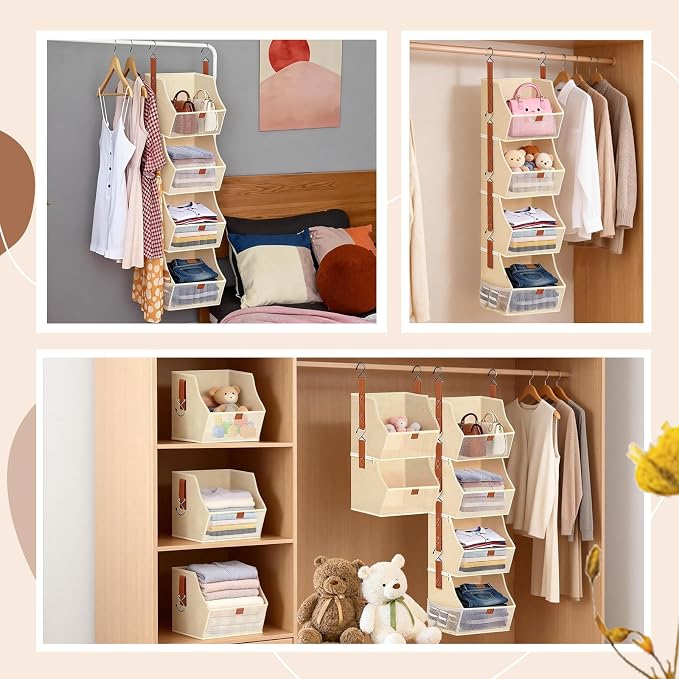 Fabric Hanging Closet Clothes Organizers and Storage Detachable 4 Tier | Hanging Clothes Organizers for Bedroom,Dorm,RV,,Camper,See Through Front Panel,Space-Saving,Can Be Separated Individually