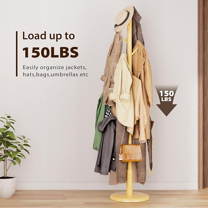 Taitiy Solid Wood Coat Rack Freestanding Coat Tree with 10 Hooks | with 10 Hooks for Bedroom, Livingroom, Entryway, Sturdy Coat Hanger Stand for Hats, Coats, Scarves, Handbags, Purses(Natural)