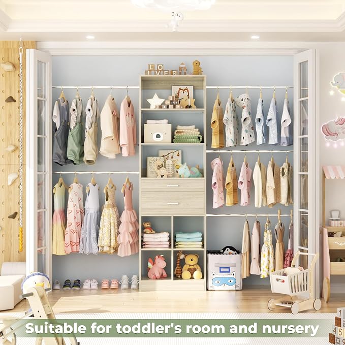 Besiost Closet System, 4-8 FT Closet Organizer Tower with 2 Wooden Drawers and Shelves, Can Fit 60 to 96 inch Walk-in Closet System with 5 Hang Rods, Built-in, Greige Oak