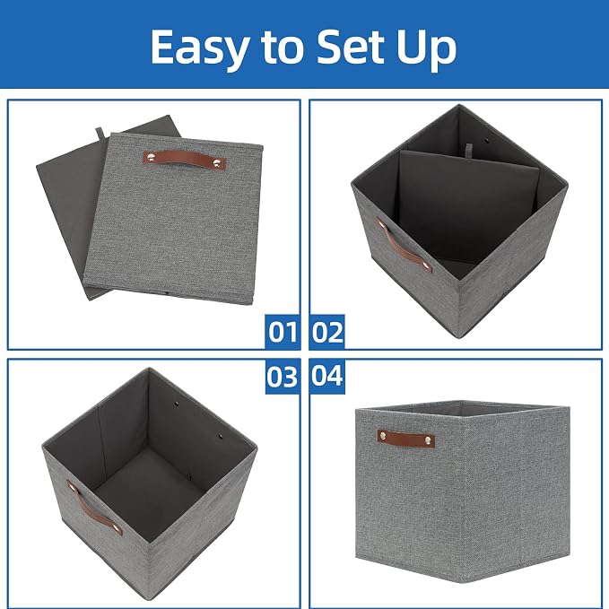 Temary 12x12 Storage Cube Bins 4 Pack Fabric Storage Cubes Storage Bins with Leather Handles, Storage Baskets Foldable Cube Organizers Bins for Home (Grey)