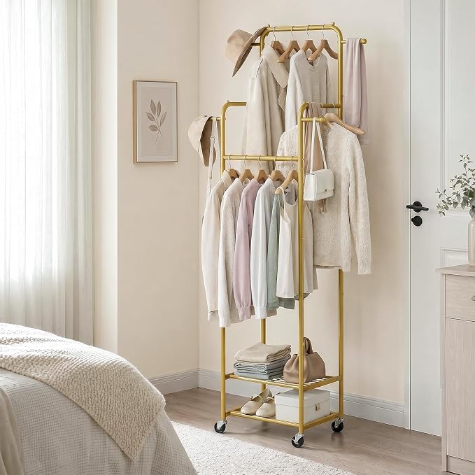 Small Gold Clothing Rack with Wheels, Narrow Clothes Rack with 2 Shelves | Gasvadivum 71" Tall Sturdy Metal Rolling Garment Rack with 4 Hanging Rods & 4 Hooks, Portable Coat Rack for Bedroom, Bathroom