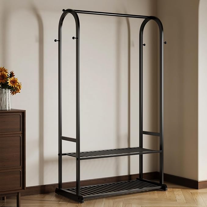 Sturdy metal clothes rack,Black freestanding clothing rack with bottom shelves and 6 side hooks,garment rack for hanging clothes,Wardrobe rack for Bedroom or cloakrooms