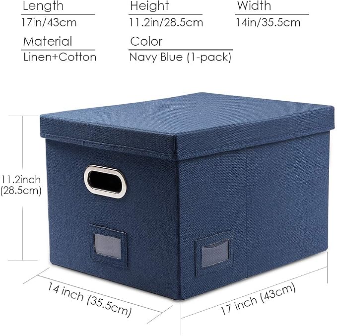 File Organizer Box - Set of 1 Collapsible Decorative Linen Filing Storage Hanging File Folders with Lids Office Cabinet Letter/Legal Size Navy Blue (17x14x11.2 inch)