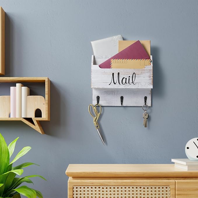 DRASTAR Mail Organizer Wall Mounted, Wooden Mail & Key Holder for Wall, Hanging Mail Organizer, Retro White Mail Basket for Home Office