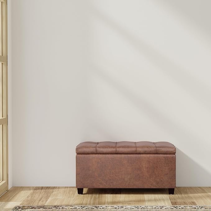 SIMPLIHOME Sienna 33" Wide Vegan Leather Storage Ottoman in Midnight Black | Distressed saddle brown, transitional ottoman with tufting and lift-up lid; rectangle storage bench for living room.