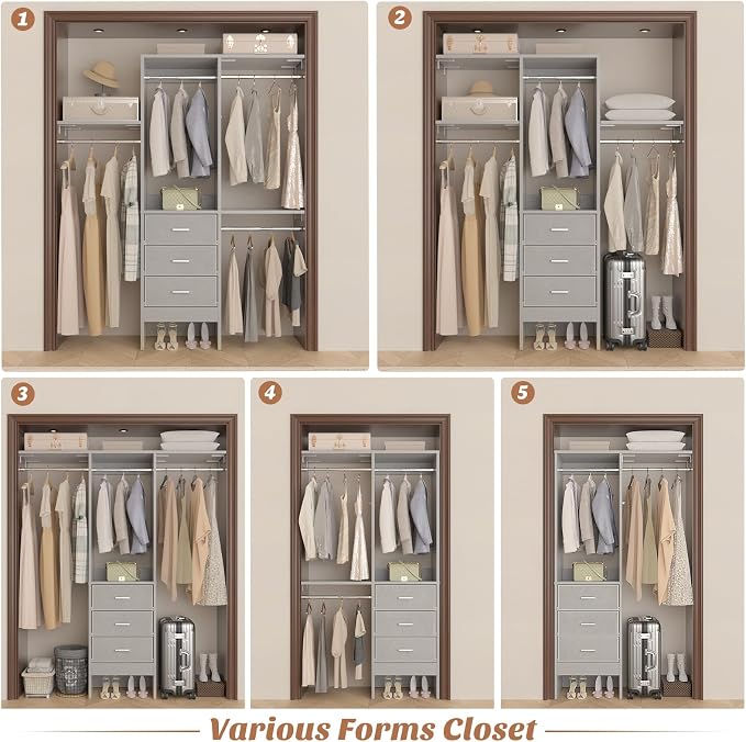 Besiost 4FT Small Closet System with 3 Fabric Drawers, 48'' Closet Organizer System With 3 Adjustable Shelves, Flexible Built-In Clothes Garment Rack for Small Space, 48" L x 13" W x 71" H, Grey