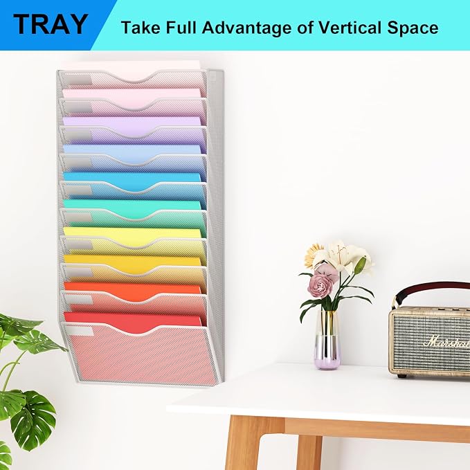10 Pockets Mesh Hanging Wall File Holder Organizer Wall Mounted Paper Magazine Rack, Silver